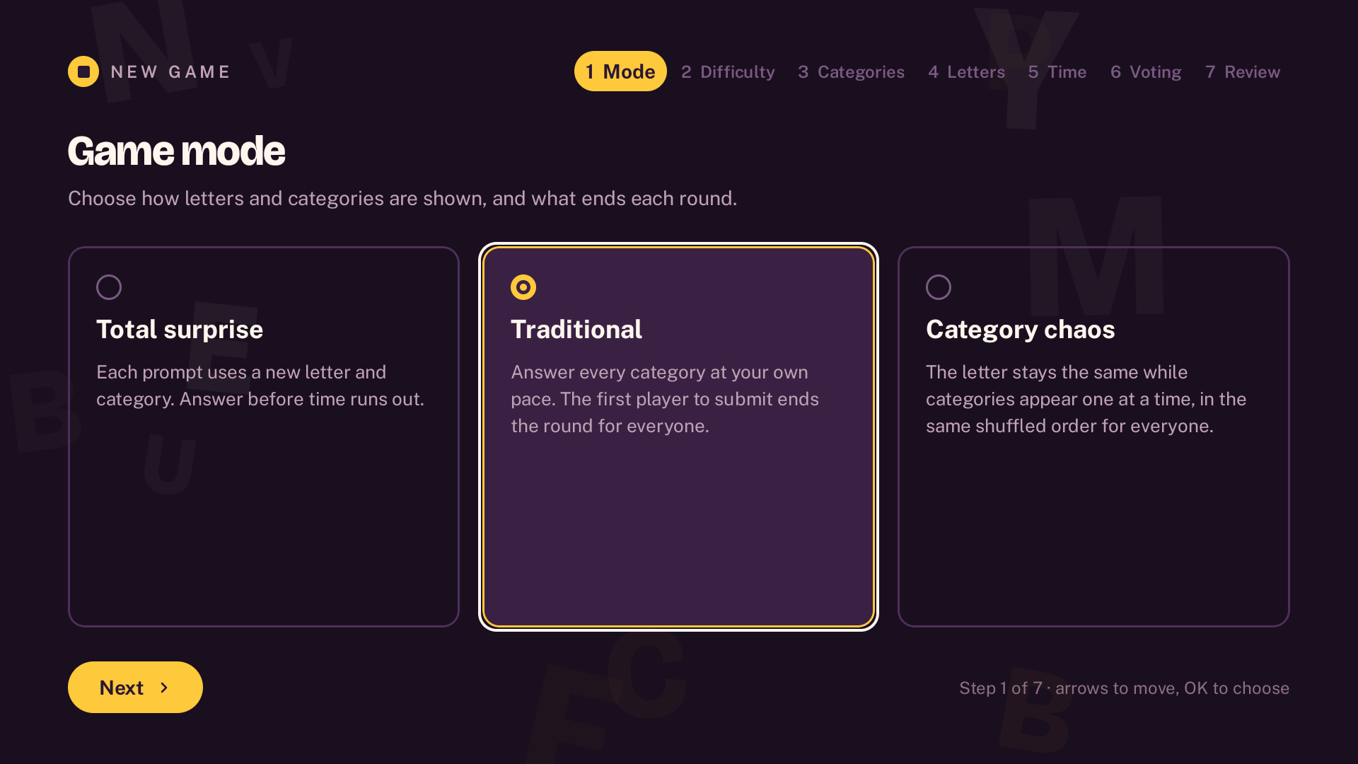 The Couch Stop TV screen in English showing all three game modes