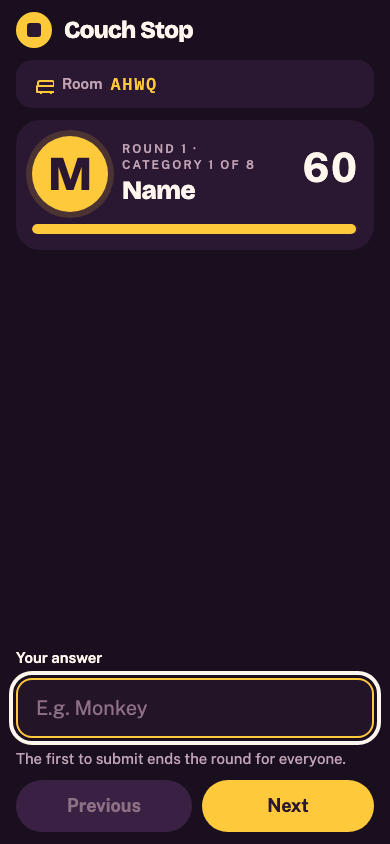 The English phone screen used to enter an answer in Couch Stop